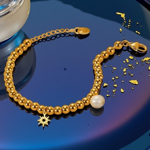 🆕️18K‎ Gold Plated Stainless Steel Beaded Bracelet with Sun & Pearl Charms ✨ - Picture 3 of 15